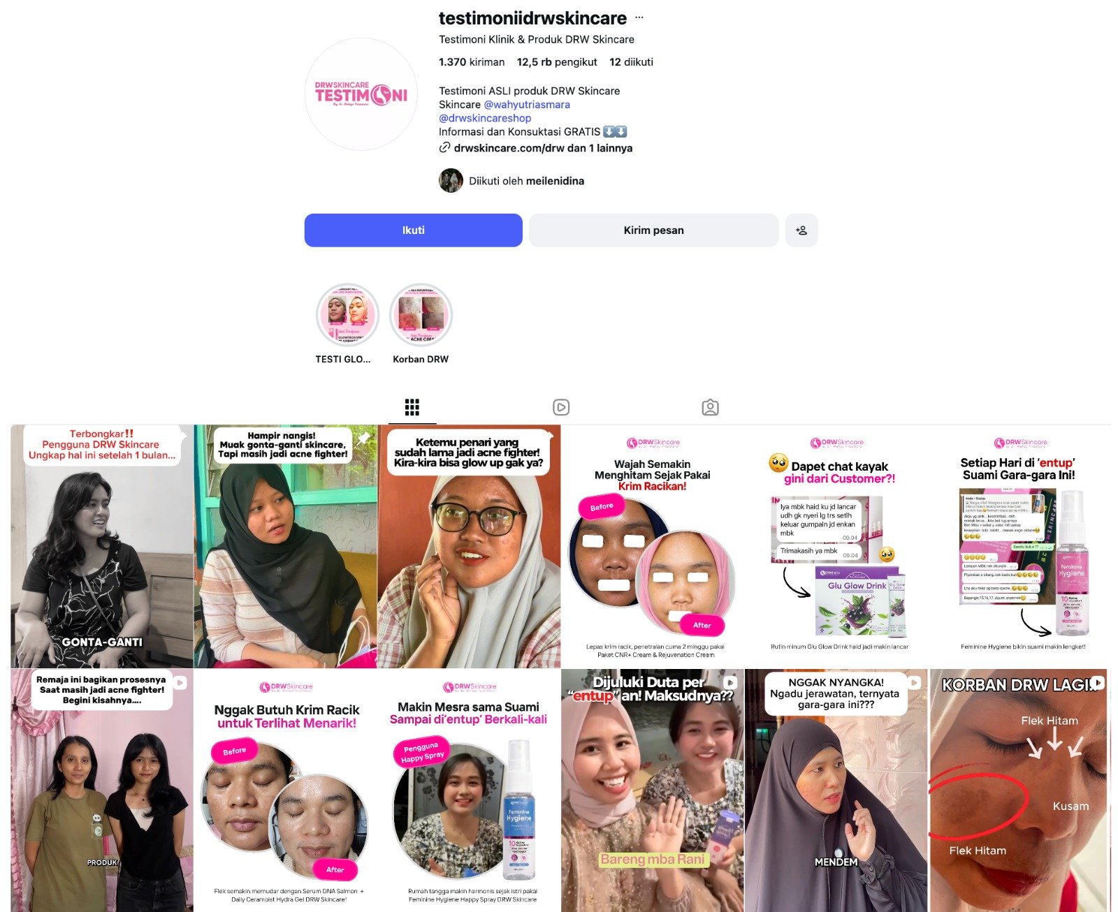 Screenshot testimoni Instagram